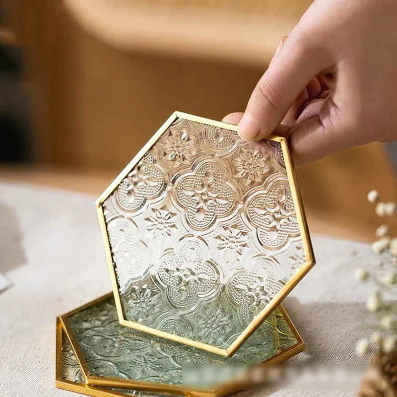 Wholesale Luxury clear Glass coaster with Gold Rim Non-slip Milk Coffee Cup Mats Heat Resistant Reusable coaster