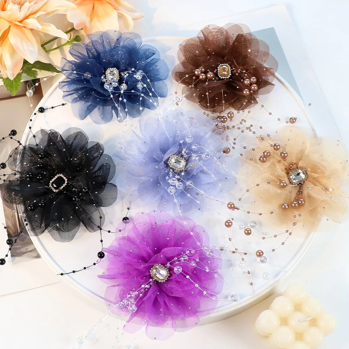 DIY Rhinestone Chiffon Beads Long Tassel Peony Flower Exaggerated Large DIY for Hairpin Brooch Accessores