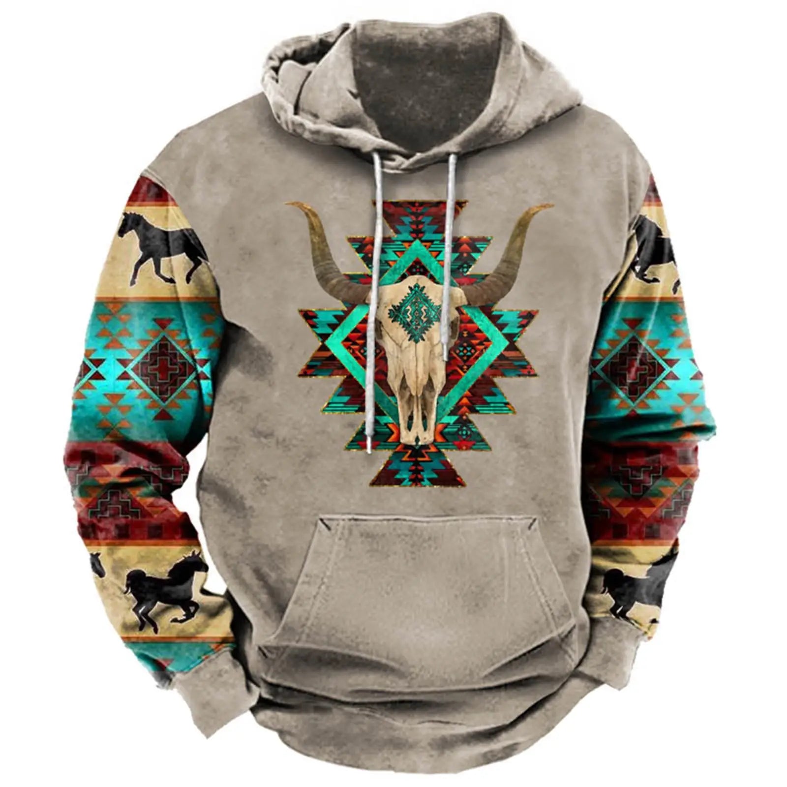 Vintage 2023 Men's Aztec Print Hooded Sweatshirt Unisex Streetwear Casual Pullover Tops in Crocheted Weave for Autumn Season