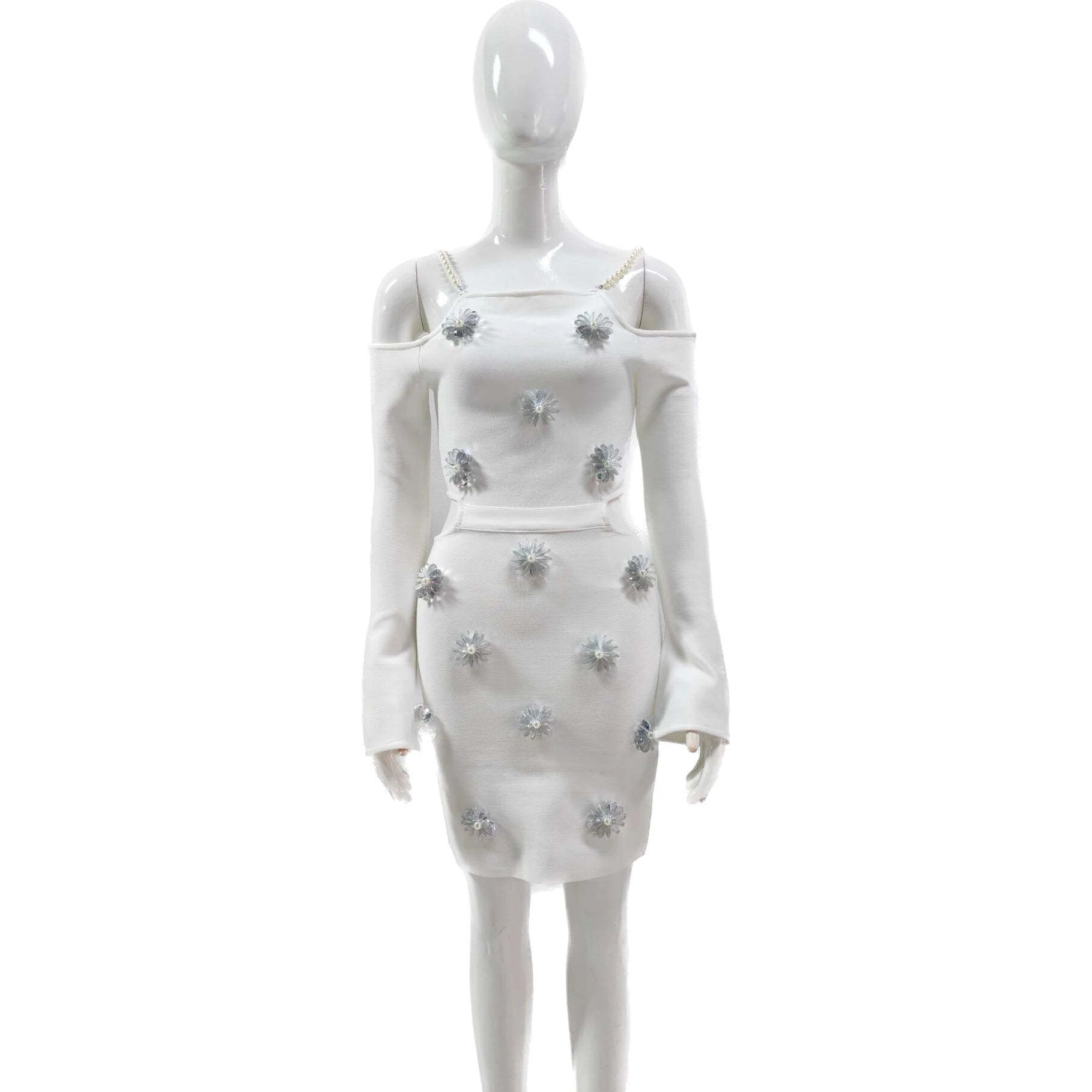 C3698 Fashion Dropshipping Beaded Cutout Women Mini Knitted Long Sleeves White Women Mini Dress