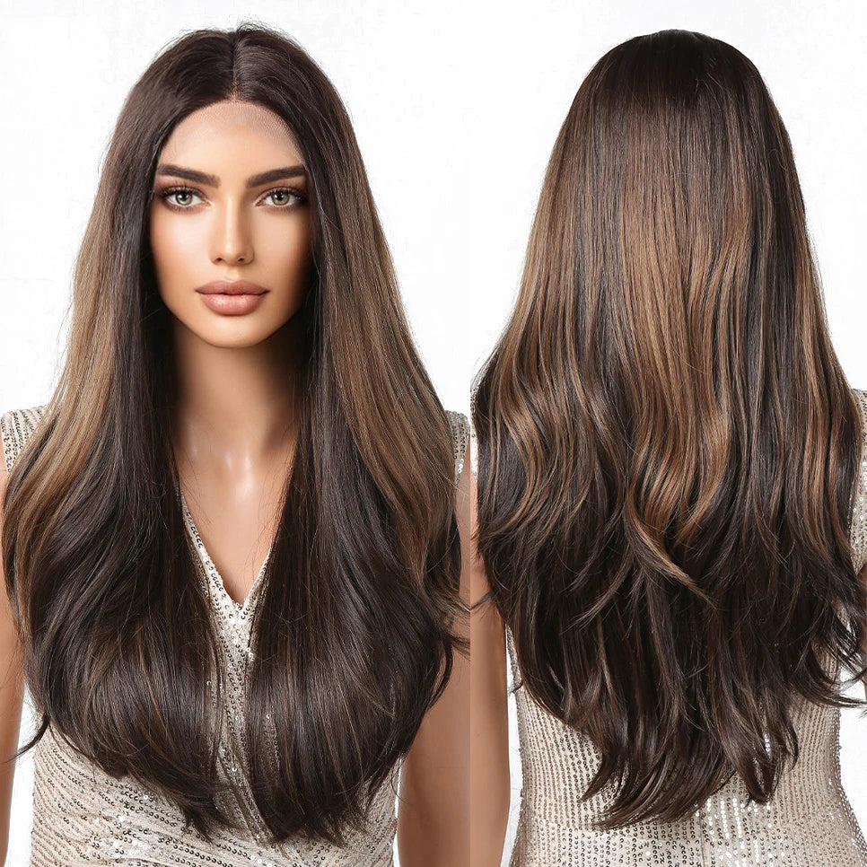 Japan Silk Long Wavy Lace Front Synthetic Hair Wigs Dark Brown Blonde Highlight Lace Wig 13X1X5 Lace 150 Density