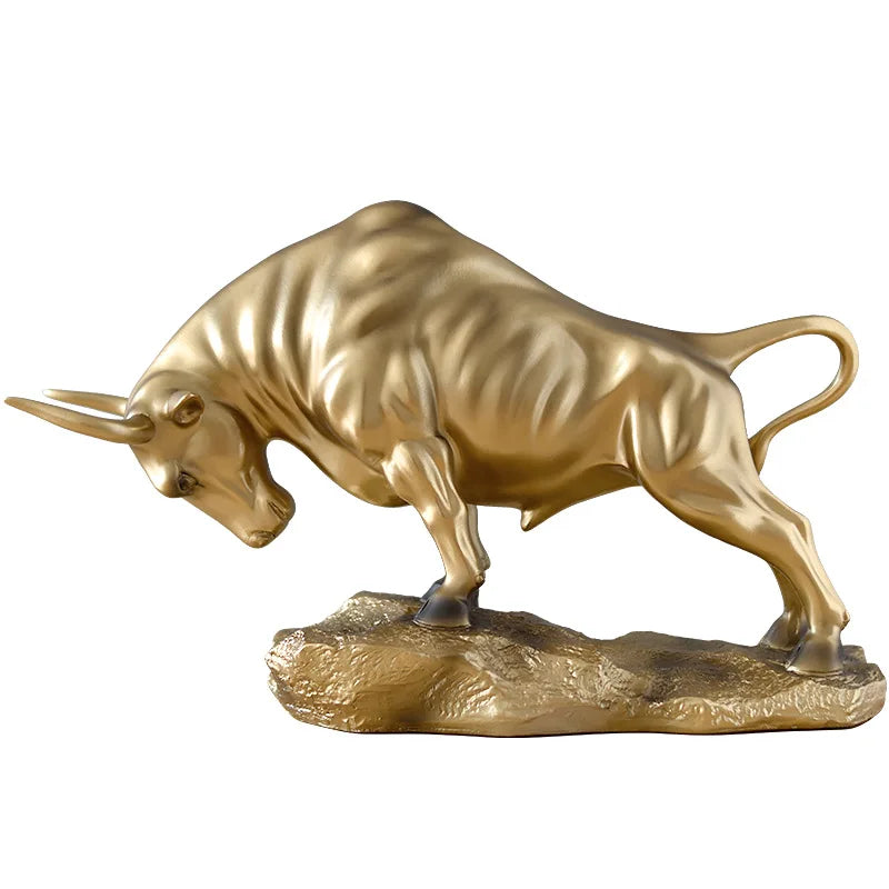 Resin Gold Bull Fight Cow on Base Sculpture Ox for Home Furnishing Business Gifts