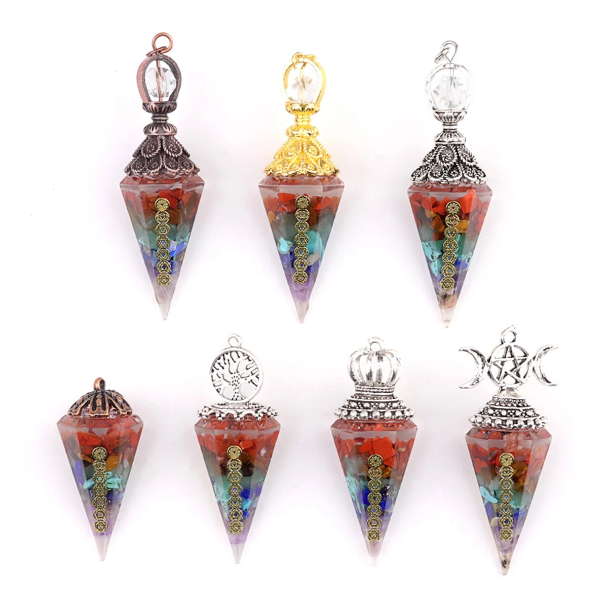 China Hot Sale Excellent Quality Natural Gemstone Crystal Resin Hexagonal Cone Gemstone Pendulum