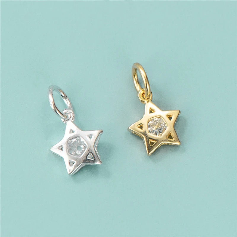 Vintage 7.6mm Gold Plated Hollow Star With Diamond 925 Sterling Silver Zircon Star Charm Pendants for Jewelry Making