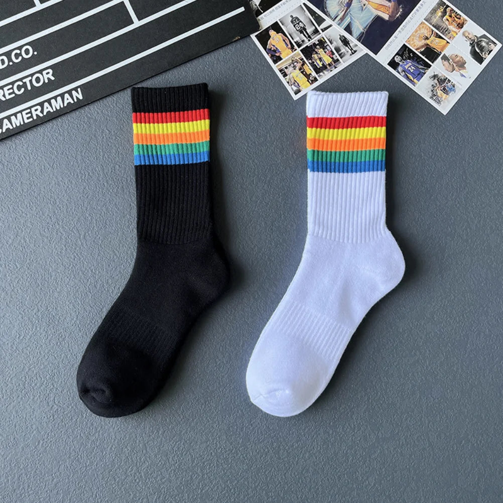 Men's Pure Cotton Casual Sports Socks Long Terry Bottom with Anti-Skid Feature Breathable High Crew White Rainbow Tube Socks