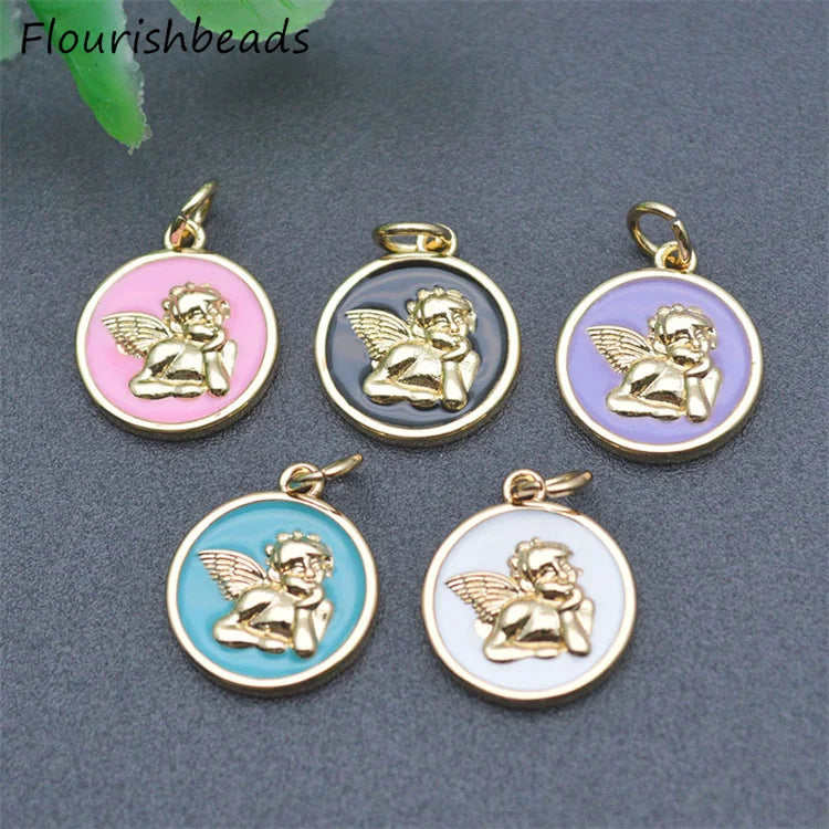 Fashion Jewelry Nickel Free Anti Fading Gold Plated Colorful Enamel Round Angel Wing Charms Pendants for Bracelet Earring Making
