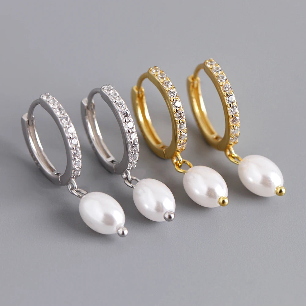 Dropshipping Fashion Jewelry 925 Silver Pearl Drop Hoop Earrings Jewelry Cz Diamond 18K Gold Plated Earrings for Women