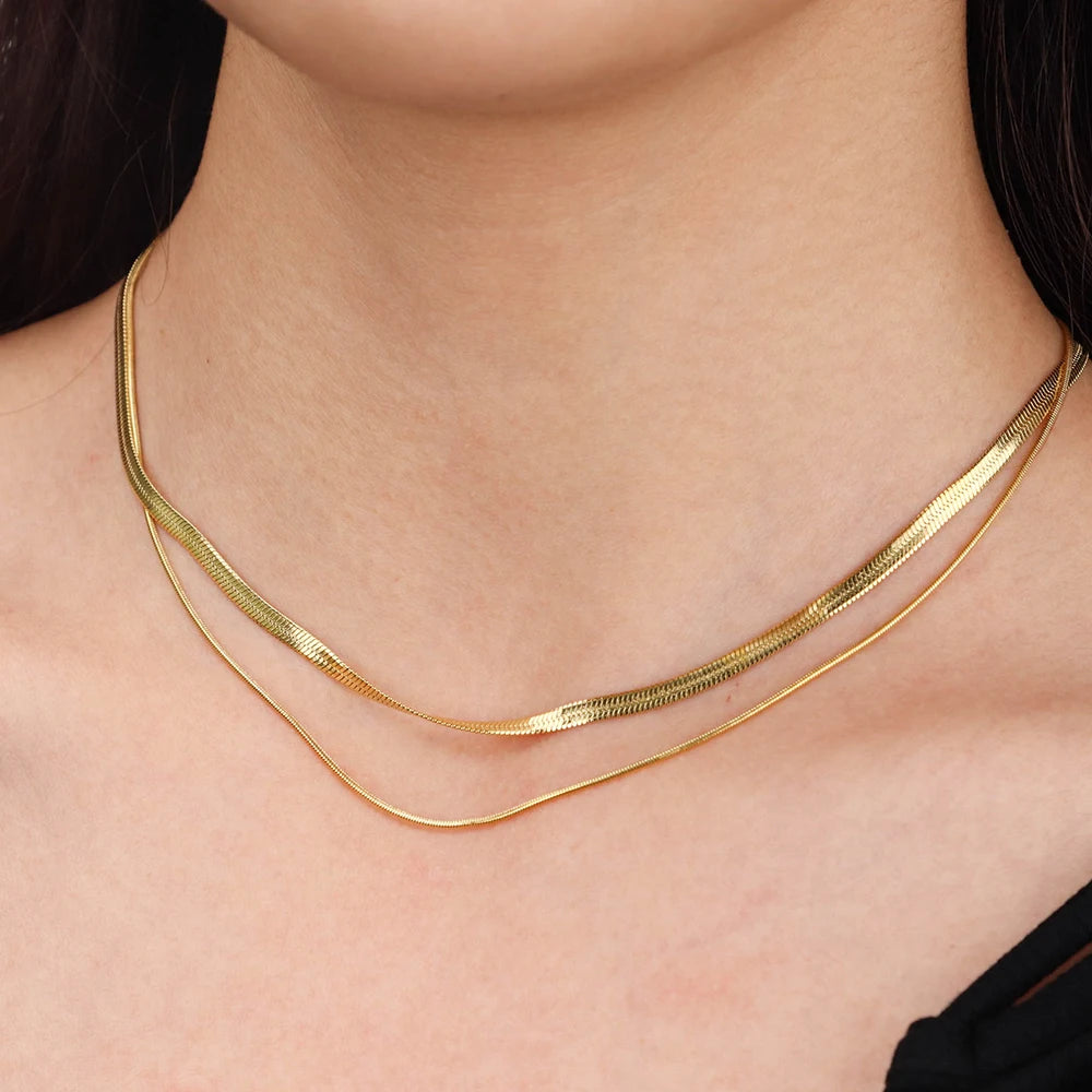 Chris April 316L Stainless Steel Gold Plated Snake Herringbone Double Layer Chain Necklace