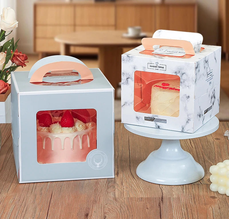 Low MOQ Fast Delivery Paper Clear Transparent Window Box for Cheese Portable Folding Cake Box with Handle Insert Card