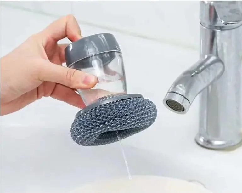 Dish Brush with Soap Dispenser Non-Scratch Kitchen Steel Wool Scrubber for Pot Pan Scrubbing Scouring Pad