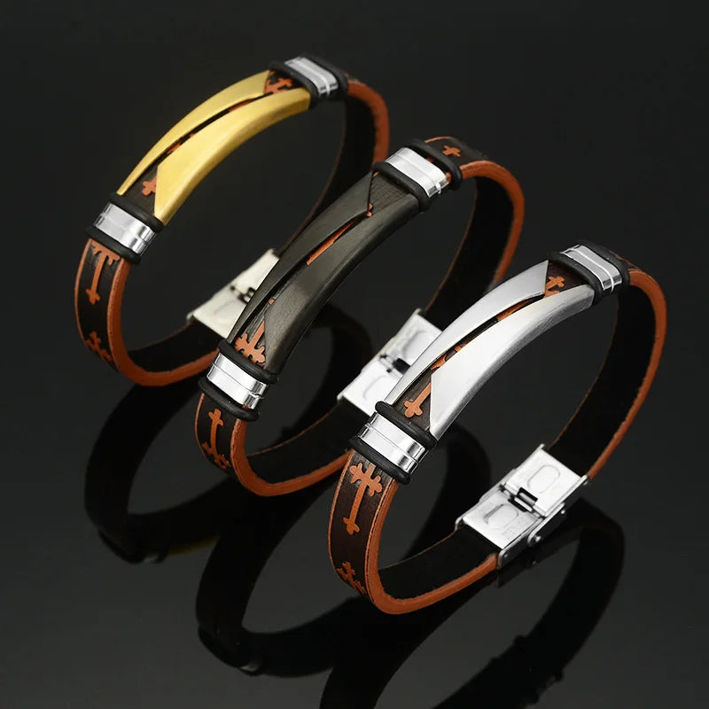 Hip Hop Punk Christian Religious Jewelry Stainless Steel Wristband Cross Leather Bracelet Male