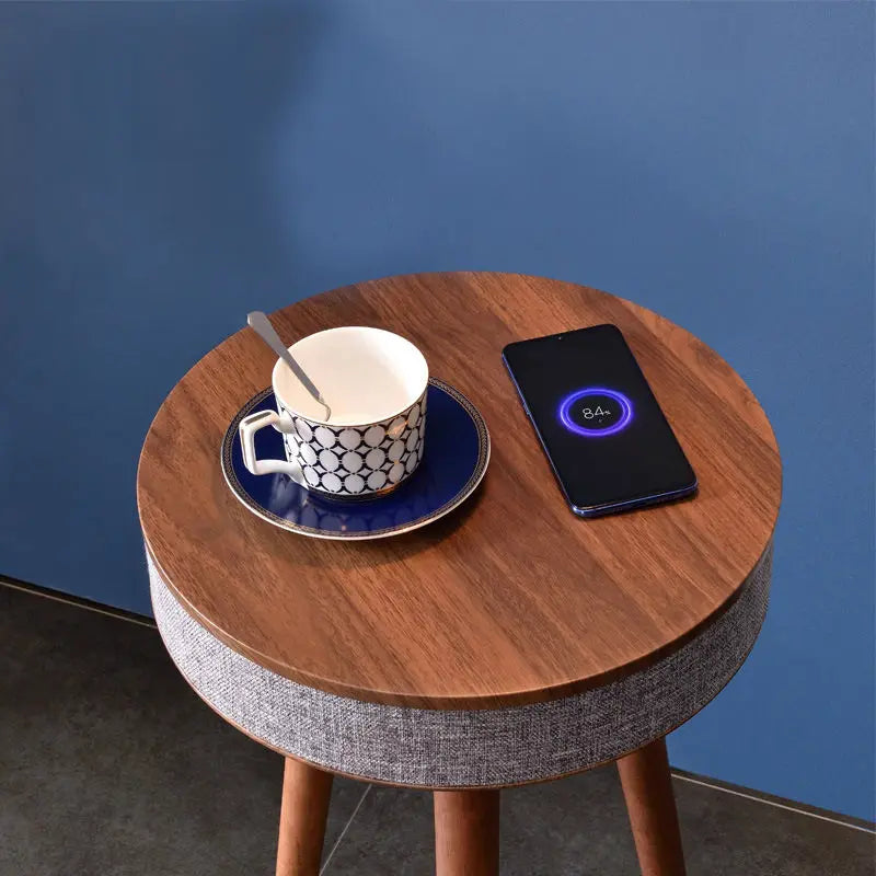 HOMEMORE Living Room Round Wood Nodic Smart Furniture Side Table Speaker Coffee Table With Speaker and Wireless Charger