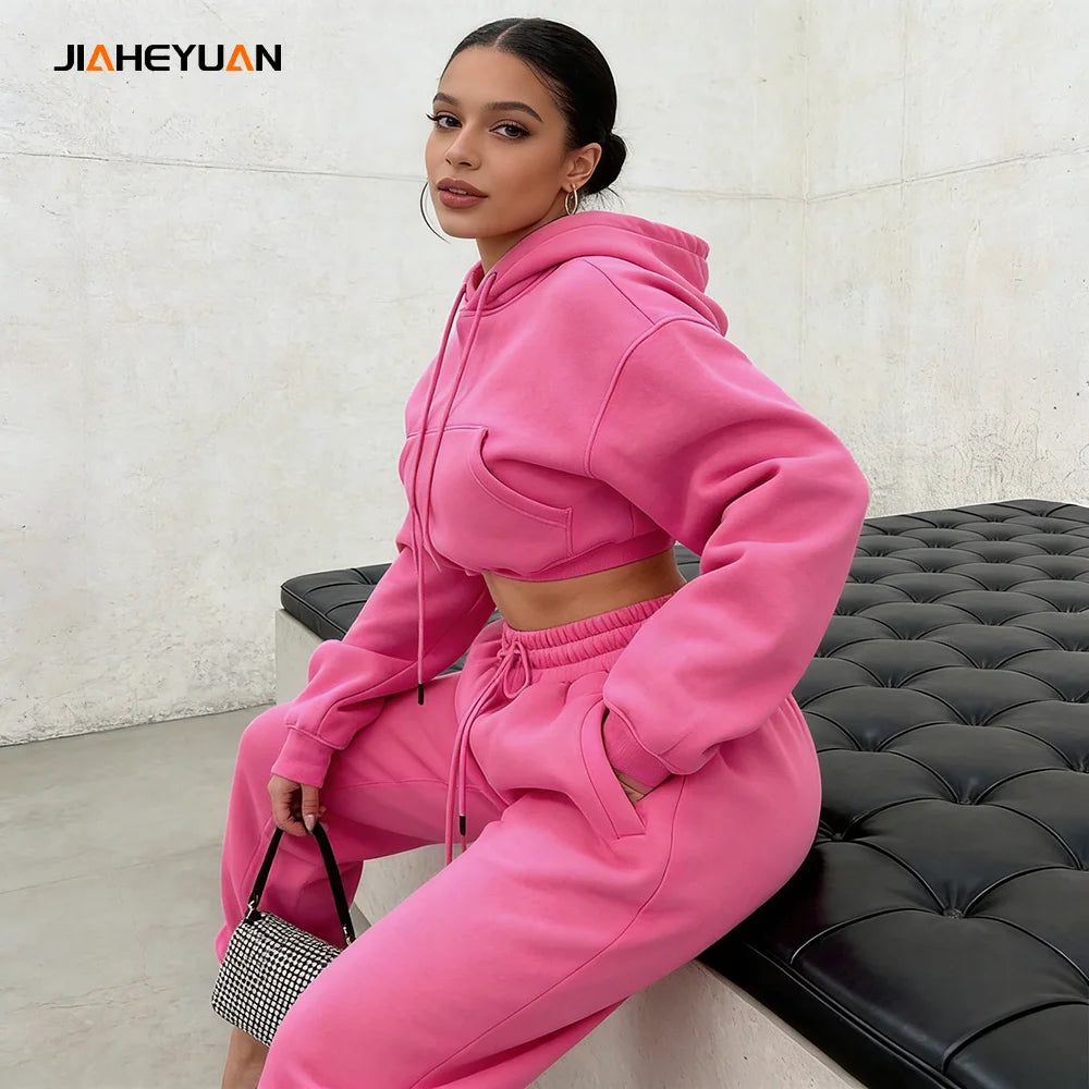 Custom logo Pullover Cropped Hoodie Women Jogger Set High Quality Two Piece Crop Top and Sweatpants Set for Women