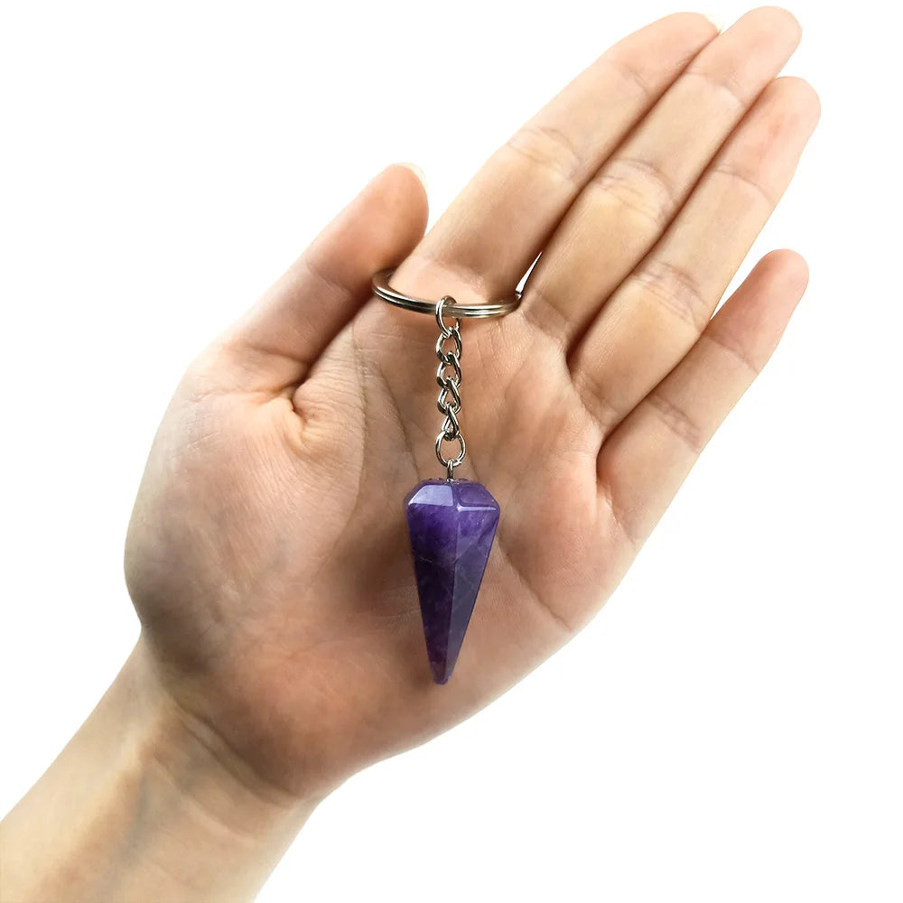 HZ Popular Selling Divining Spirit Pendulum Hexagonal Key Chain Pendant Clear Quartz Healing Energy Raw Stone Key Chain