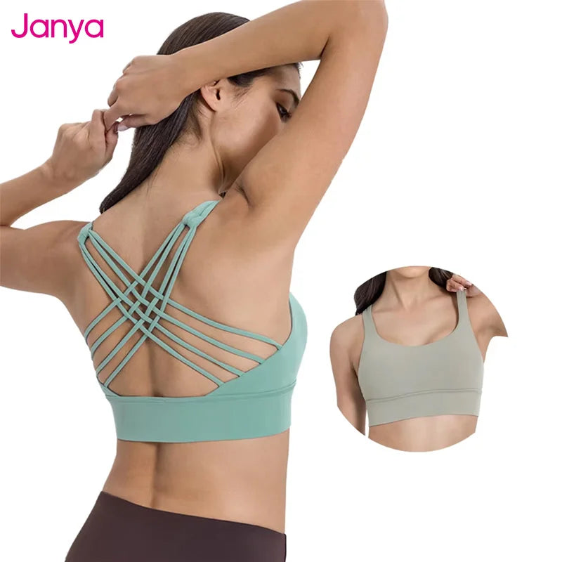 Janya Women's Cross Back Yoga Tank Top Backless Breathable Gym Fitness Clothing Shockproof High Support Sports Bra for Adults