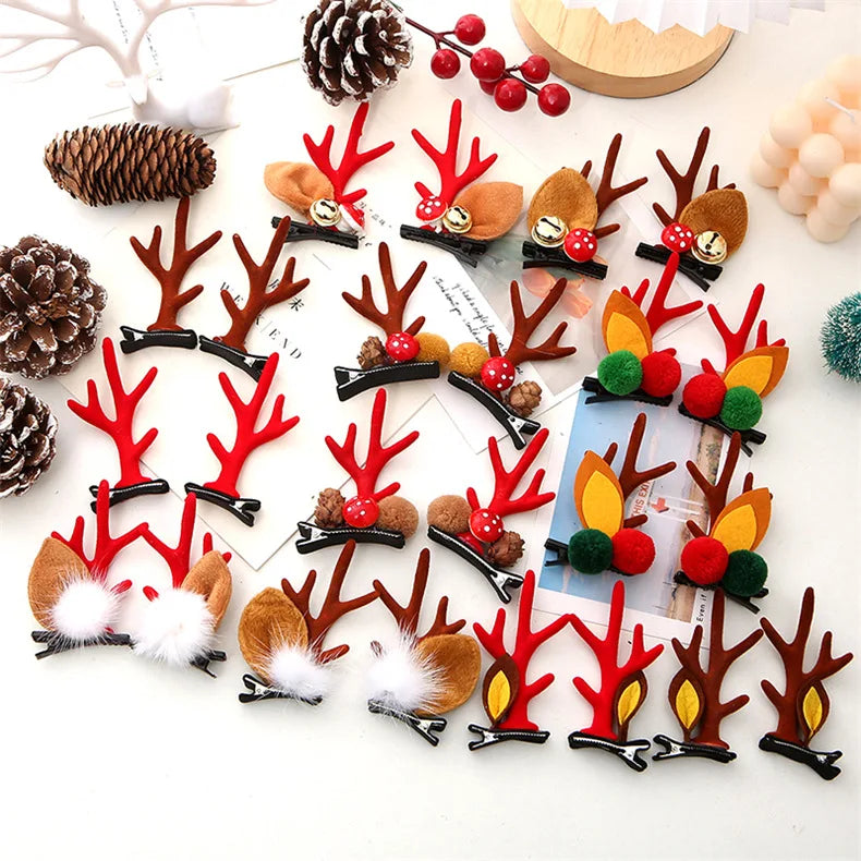 MIO 2pcs/set Pretty Christmas Holiday Hair Deer Horn Antler Hairclip Hairgrips Santa Hairpin Reindeer Christmas Hair Clips
