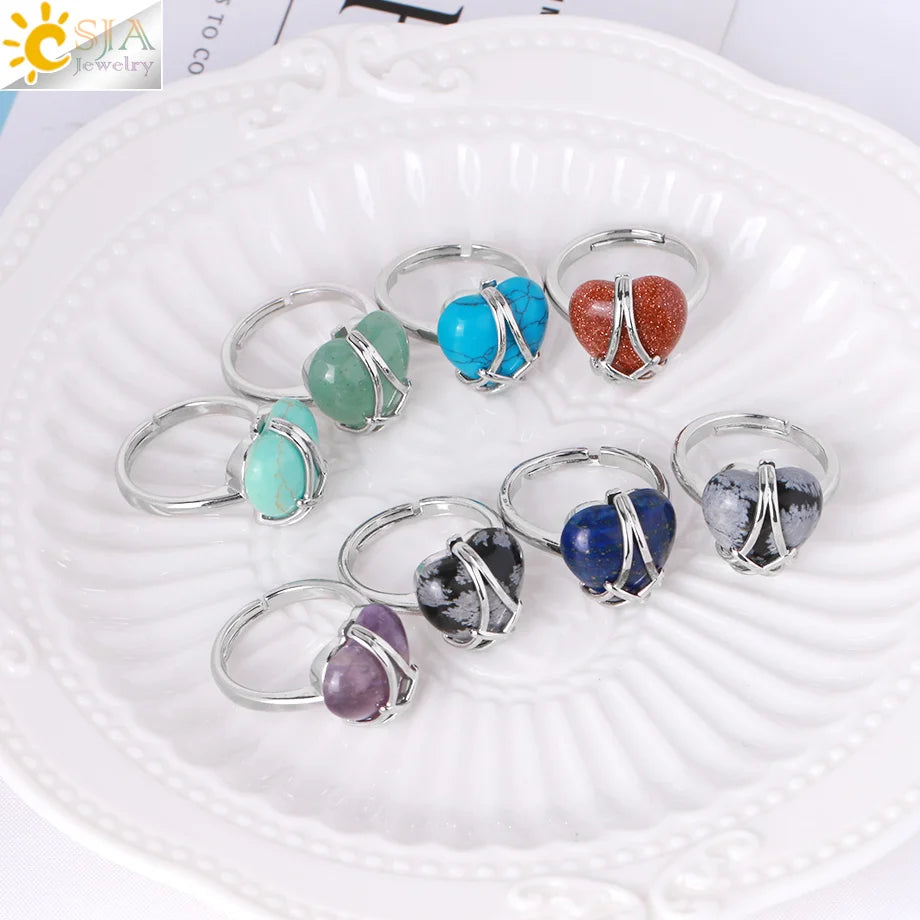 CSJA Spiritual Jewelry Adjustable Love Heart Obsidian Wire Wrapped Natural Gem Stone Crystal Couple Rings for Lovers H137