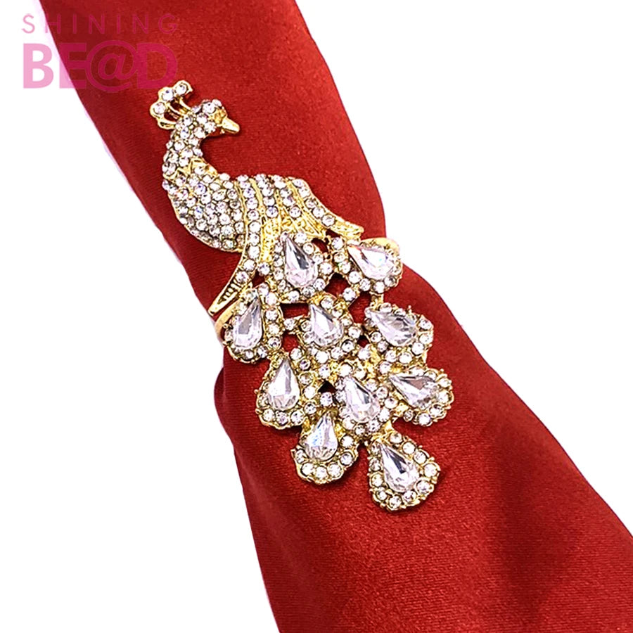 Luxury Wedding Metal Hotel Kitchen Sapphire Glass Peacock Napkin Rings with Rhinestone Buckle Holder Table Decoration