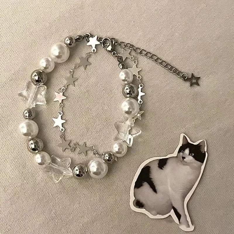 Harajuku Crystal Star Pentagram Y2K Pearl Beaded Bracelet Women Girl Vintage Aesthetic Charm Double Layer Bracelets Jewelry Gift