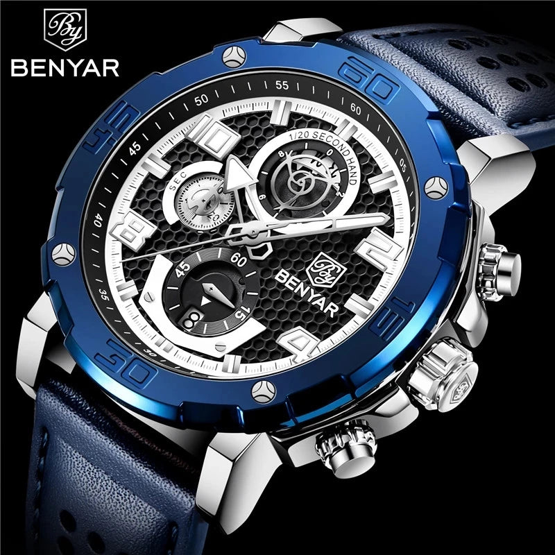 BENYAR Men Watch 5172 Chronograph Waterproof Sport Blue Genuine Leather Mens Wristwatch Top New Luxury Gift Man Clock Gift