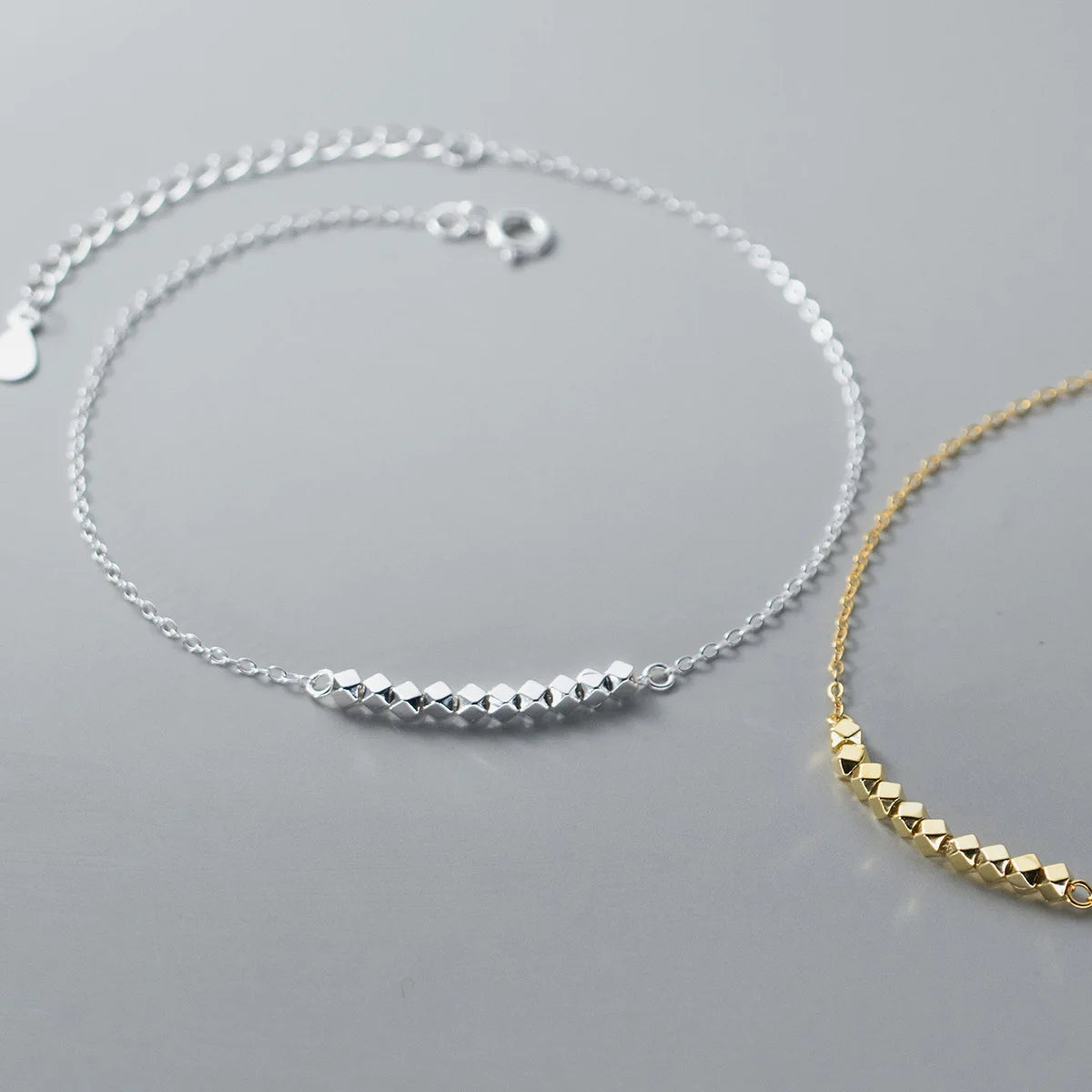 Fashion Fine Jewelry 925 Sterling Silver Geometric Solid Round square Beads Charm Gold Plated Anklets for Women