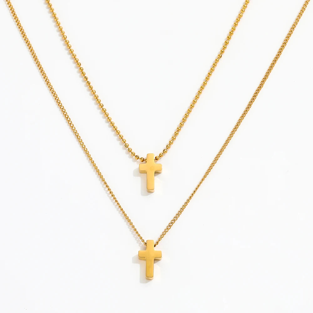 Joolim Jewelry 18K Gold Plated Double-layer Cross Pendant Choker Necklace Sweater Necklace Stainless Steel Jewelry Wholesale