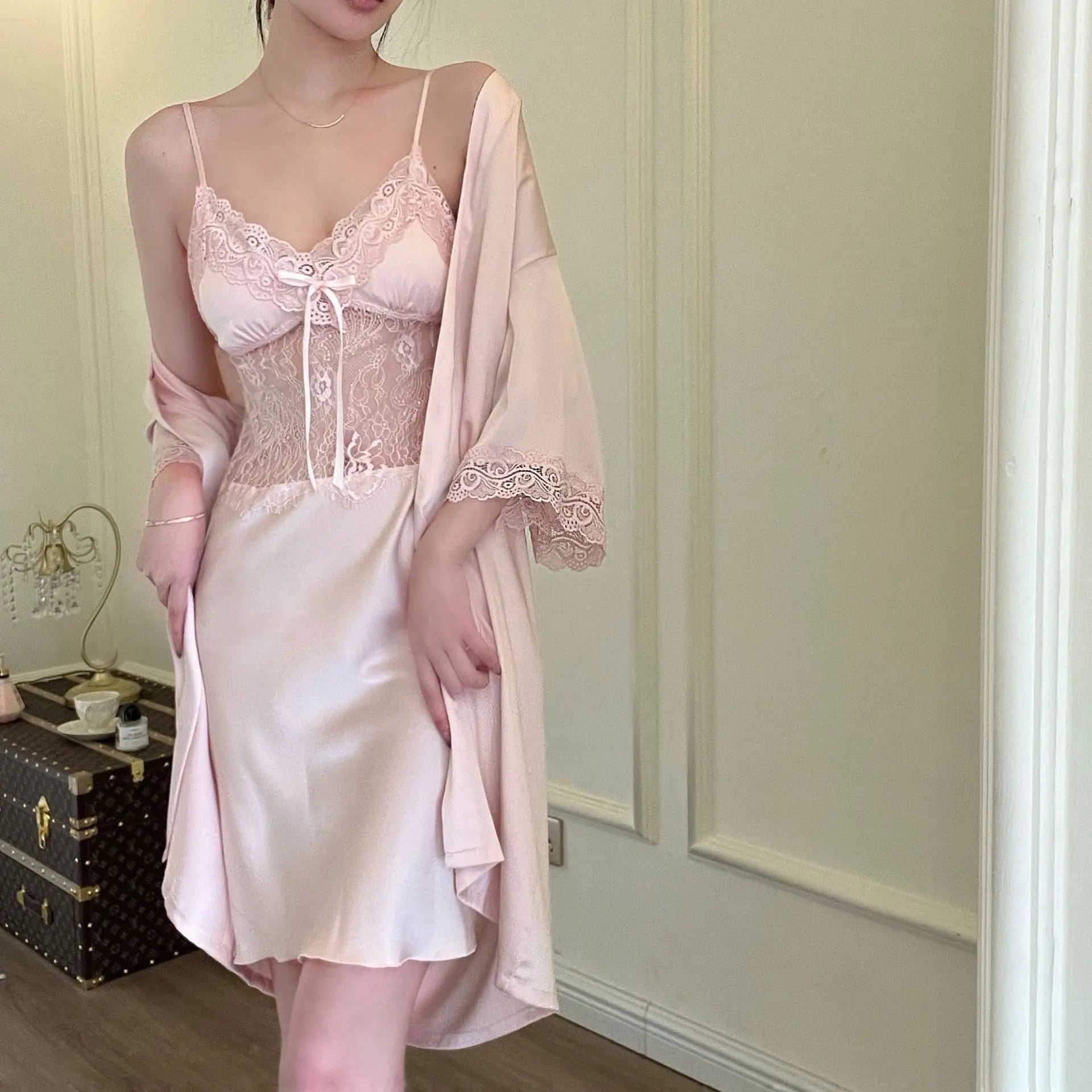 New Women's Pajamas Sexy Dress Pajama Robe Two Piece Set With Chest Pad Panel Lace Pajama Dress