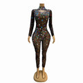 Fashion Long Sleeve Rhinestone Bodysuits Club Leotard Stage Performance Dancer Rompers Plus Size Sexy Women Party Jumpsuit