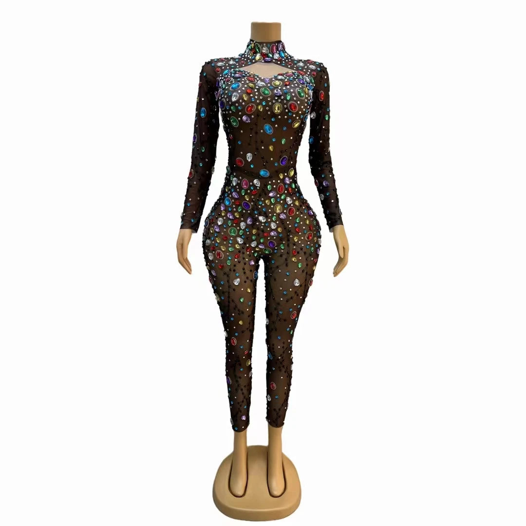 Fashion Long Sleeve Rhinestone Bodysuits Club Leotard Stage Performance Dancer Rompers Plus Size Sexy Women Party Jumpsuit