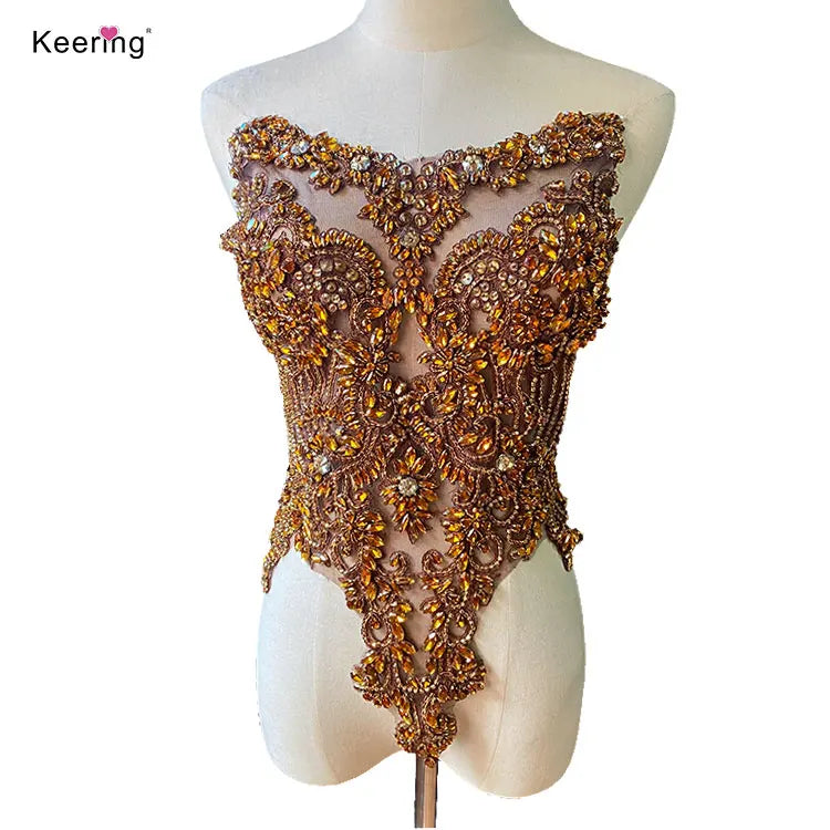 WRA-295 Keering Emerald Green Gold Diamond Embroidery Rhinestone Bodice Applique for Prom Dress