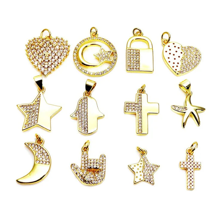 CZ8269 Dainty Gold Plated CZ Micro Pave Star Starfish Heart Hamsa Hand Cross Charm Pendants for Necklace Jewelry Making