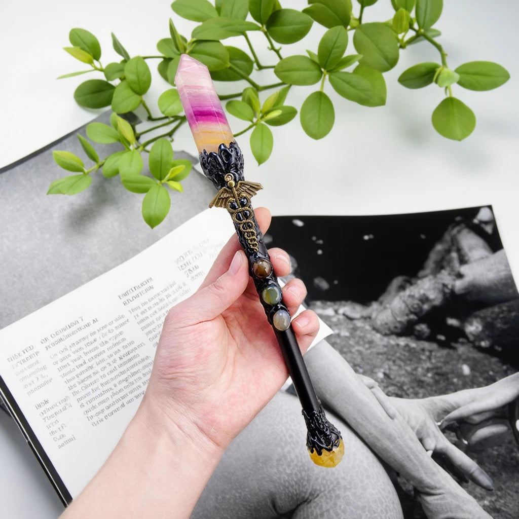 Handmade Natural Gemstone Rainbow Fluorite Rose Quartz Clear Quartz Crystal Resin Witch Magic Wand Stick for Home Decoration