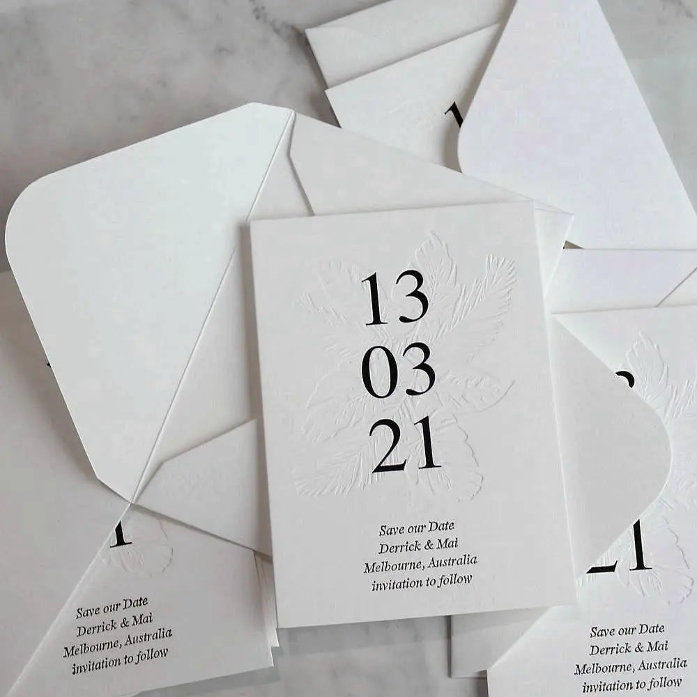 White Thick Cotton Paper Save the Date Invitation Cards With Custom Design Blink Letterpress Pattern