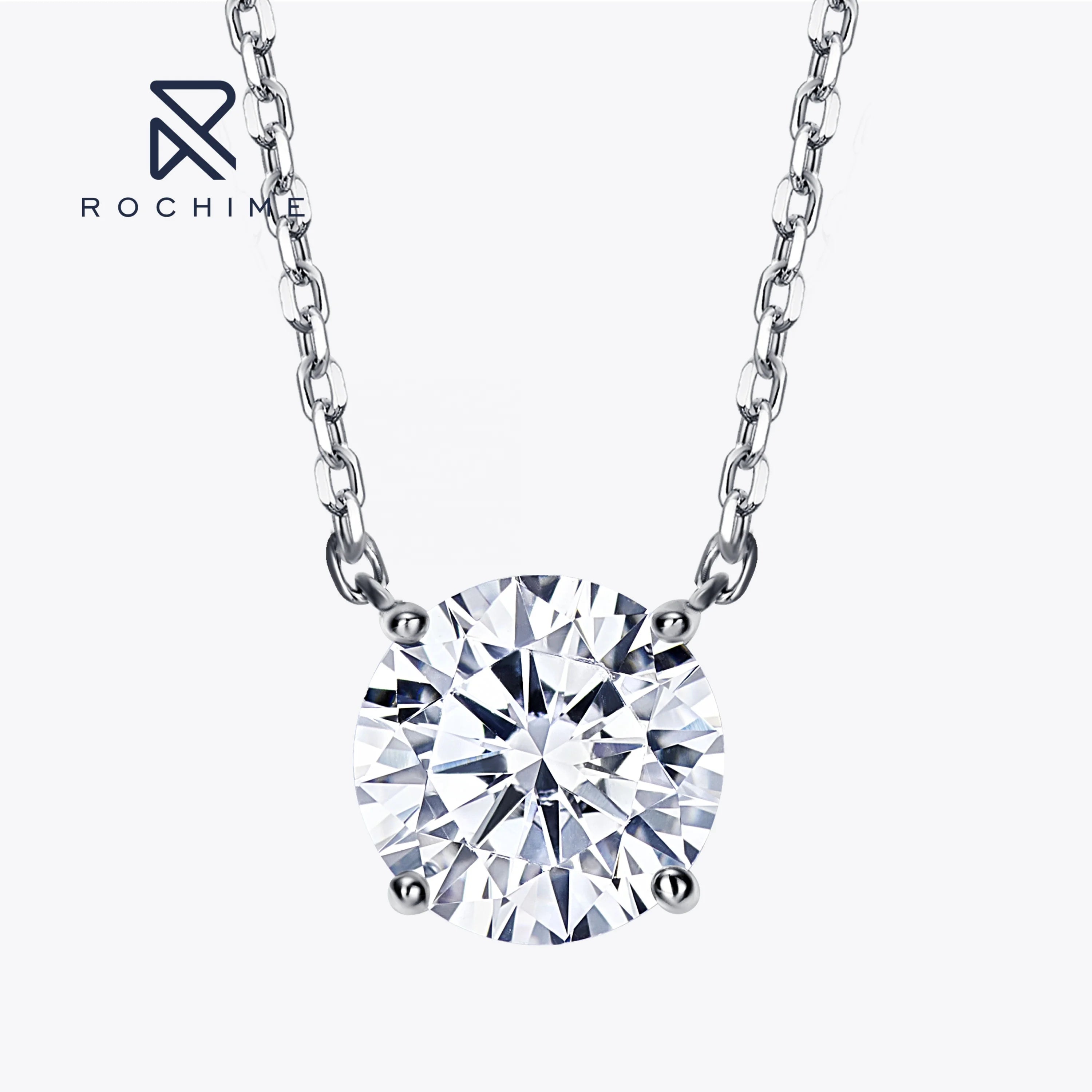 Rochime Four Prong Round Brilliant Necklace 925 Sterling Silver Rhodium Plated Cubic Zirconia Jewelry for Women