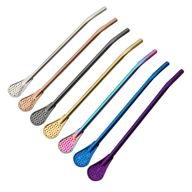 Eco-Friendly Stainless Steel Reusable Long Handle Silver Plated Filter Spoon Bombilla for Yerba Mate and Loose Leaf Tea