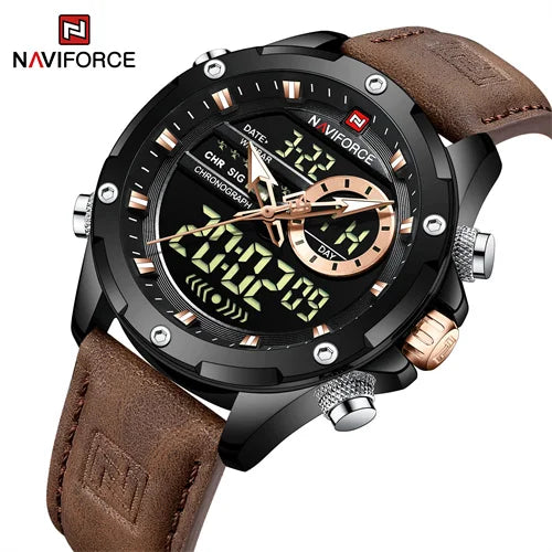 NAVIFORCE 9208 BBDBN Luxury Dual Display Quartz Man Watches Luminous Chronograph Waterproof Digital Premium Leather Wristwatches