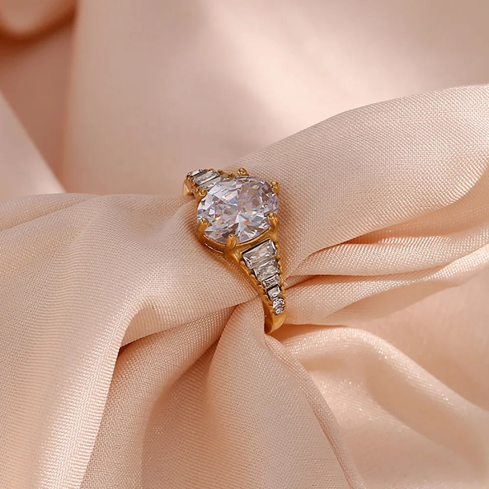 Shining Luxury Adjustable Crystal Zircon Ring 18k Gold Plated Stainless Steel Rings Jewelry Women