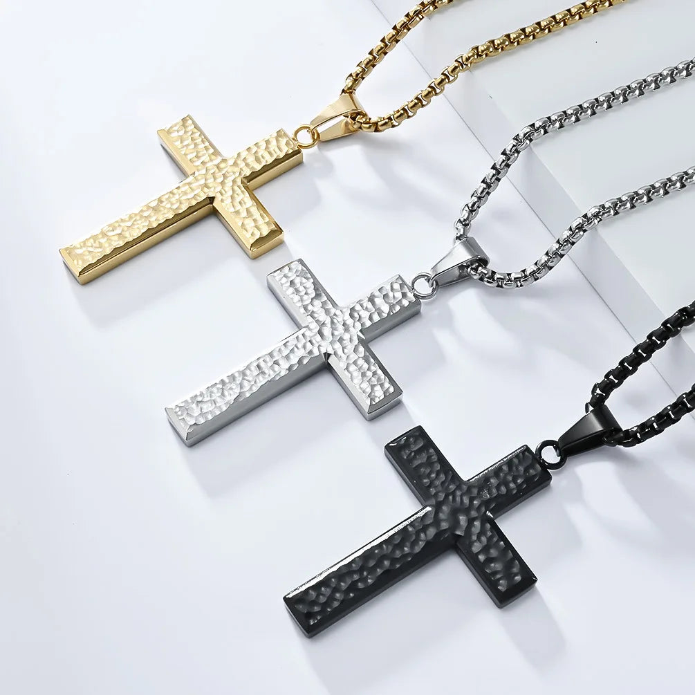 Cross Pendant 18k Gold Plated Stainless Steel Handmade Hammer Necklace Fashion Jewelry for Men Women