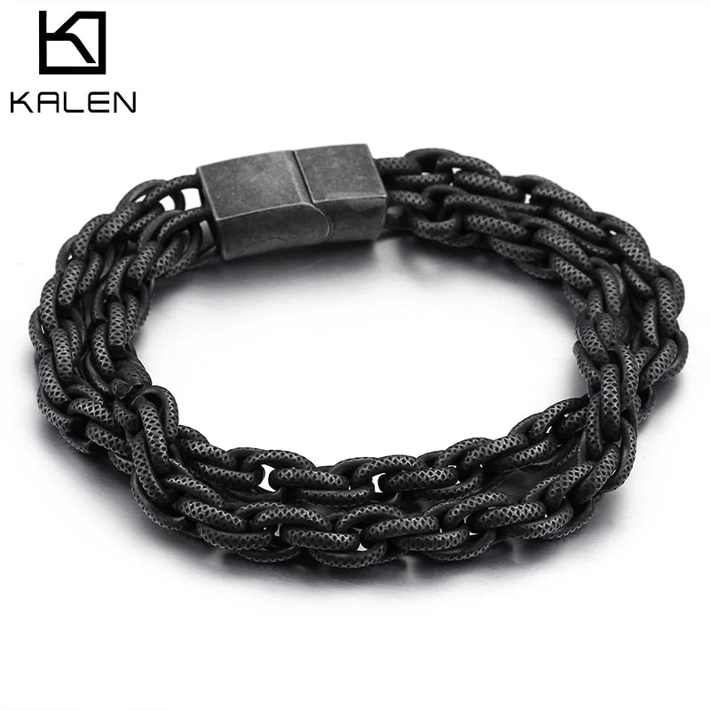 KALEN Oxidation Black Stainless Steel Double Layer Link Charm Bracelet Mens