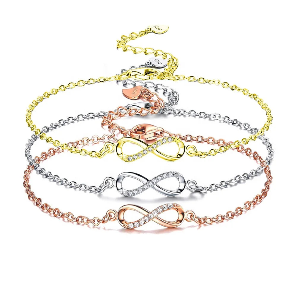 Women Fine Jewelry 925 Silver Infinity Bracelet Forever Love Micro Crystal Simple Chain Sterling Silver Infinity Bracelet