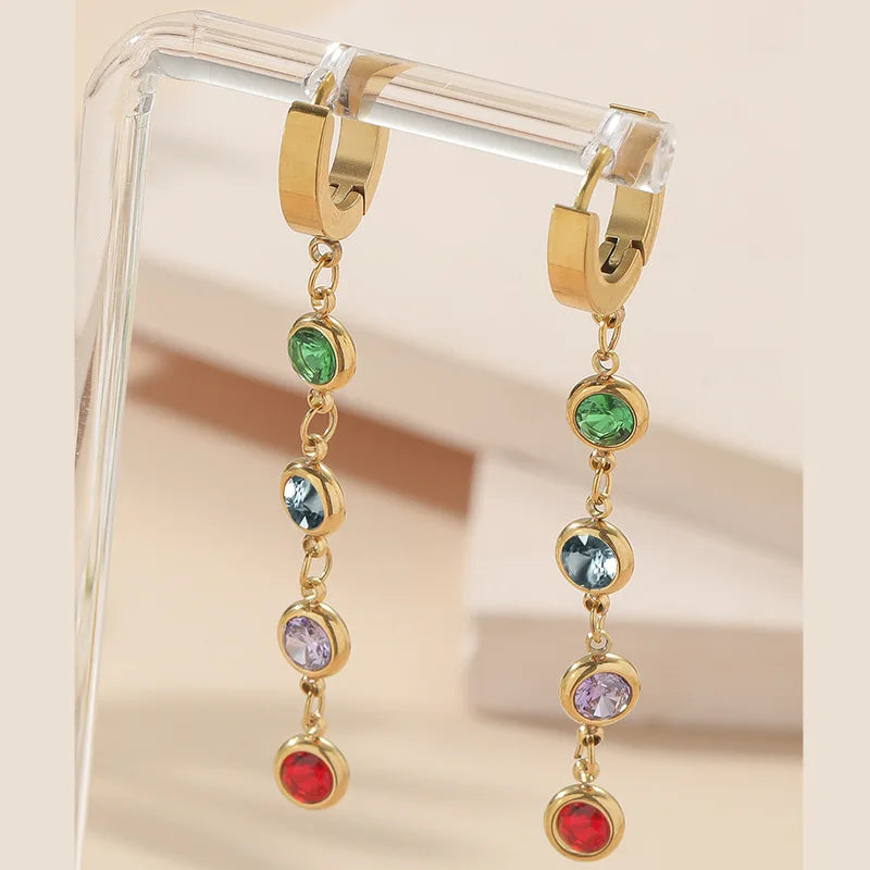 Fashion Water Proof Gold Plated 316L Stainless Steel Rainbow CZ Setting Long Tassel Dangle Round Hoop Earring for Women
