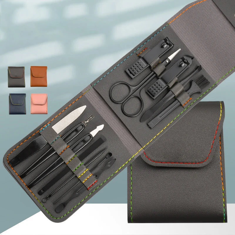 Custom Logo 12pcs/set Manicure Pedicure Tool Carton Steel Black Nail Clipper Sets with PU Leather Bag