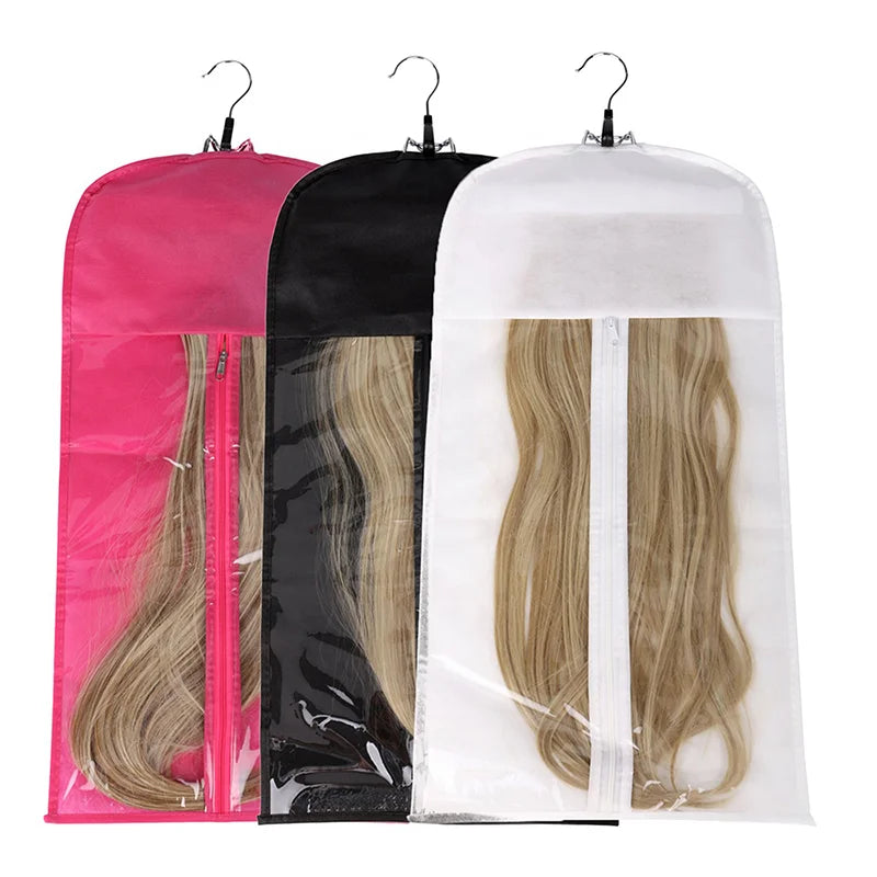 Fashion Hair Extensions Bag Storage With Hanger Womens Non Woven and Pvc Packaging Bags for Wigs