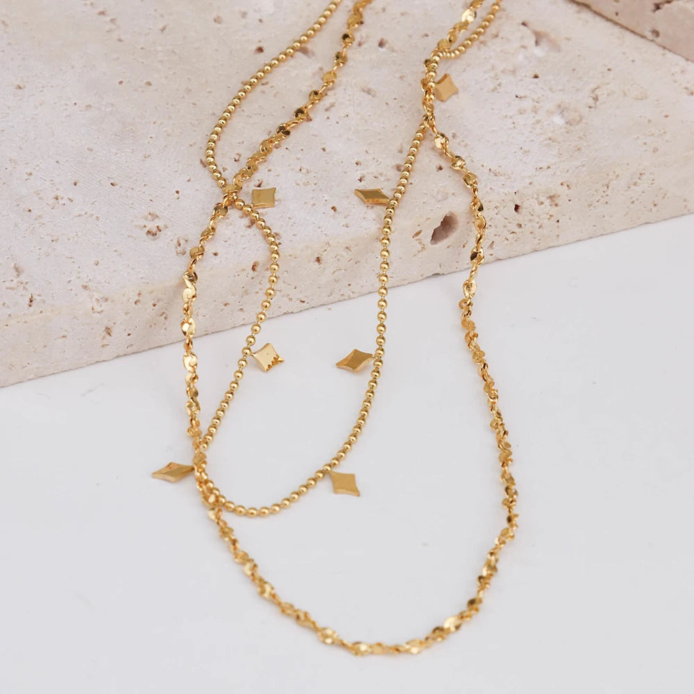 Chris April 316L Stainless Steel Simple Double Layer Necklace Gold Rhombus Flake Necklace Pendant for Women