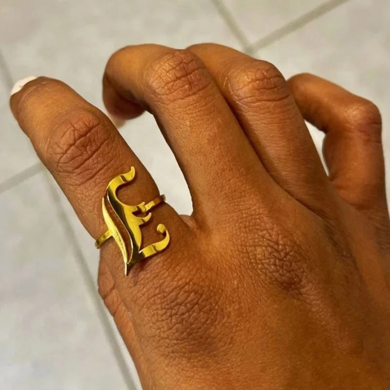 26 Alphabet Gold Letter Ring Adjustable Bijoux Femme Stainless Steel A-Z Font Old English Initials Ring