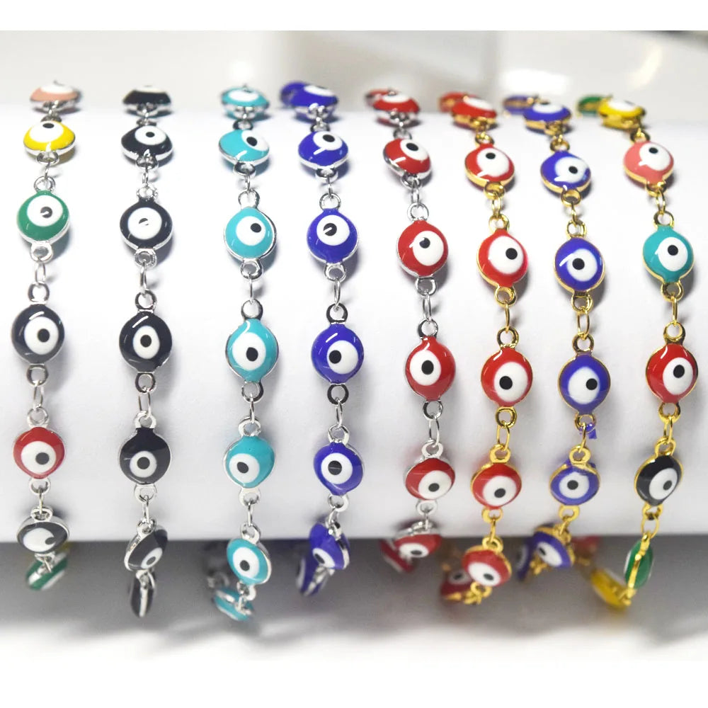 Quake Ecommerce Fashion Plastic Turkish Red Black Blue pink D-evil Eye Bead with Stainless Steel Chain Adjustable Bracelet