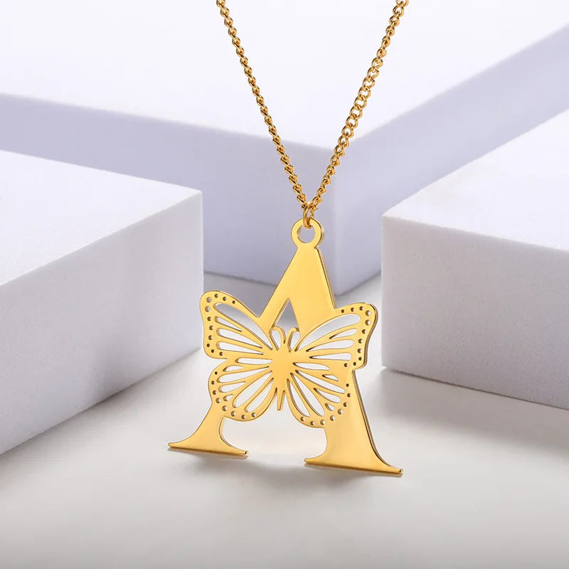 Unique Design Initial Letter Necklace Simple Hollow Butterfly Letter Pendant Necklace Stainless Steel Fashion Jewelry for Women