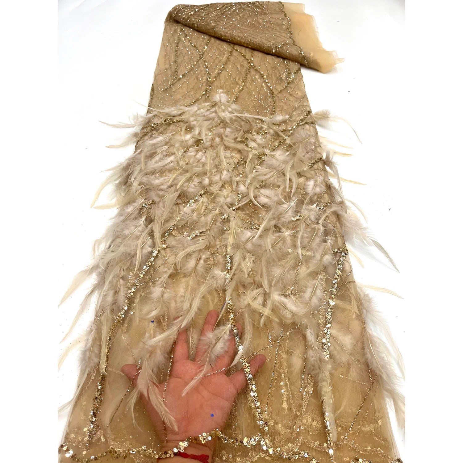 Feathers Floral Tulle Wedding Lace Fabric Fancy Mesh Glitter Sequins With Feather Fabric
