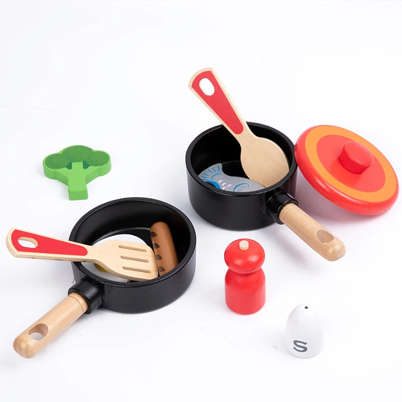 High Security Wooden Kitchen Cooking Pot Set Toy Combination Simulation Home Cooking Tableware Wooden Toys