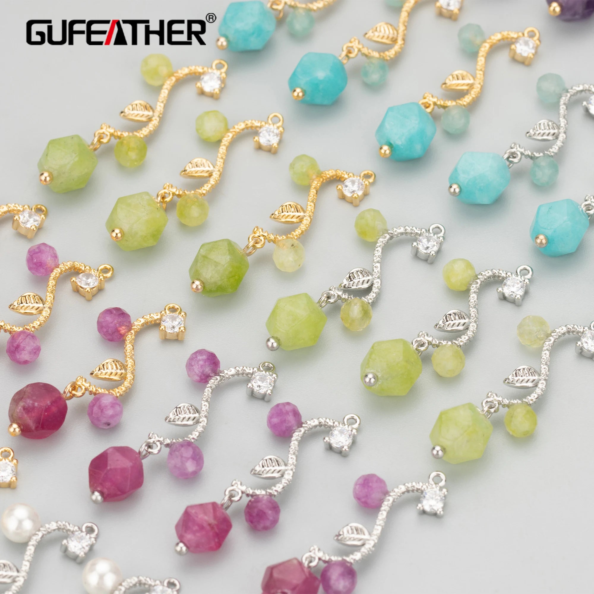 GUFEATHER MC72 18k Gold Rhodium Plated Copper Natural Stone Charms Earrings Necklace Findings DIY Pendants Nickel Free 6pcs/lot